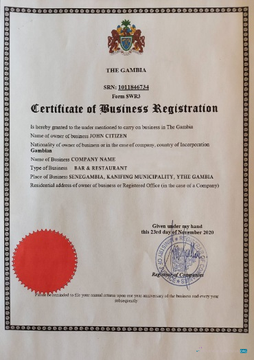 Download Gambia Certificate of Business Registration Photoshop template